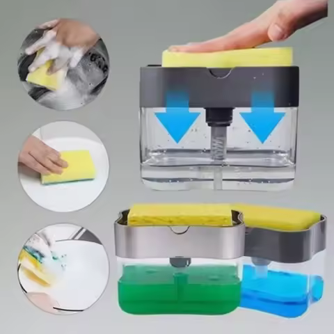 1 For Household Kitchen 2 In 1 Pressing Soap Liquid Box, Easy To Replenish, Durable, For Sponge, Dish Cloth, Pot Brush, Black