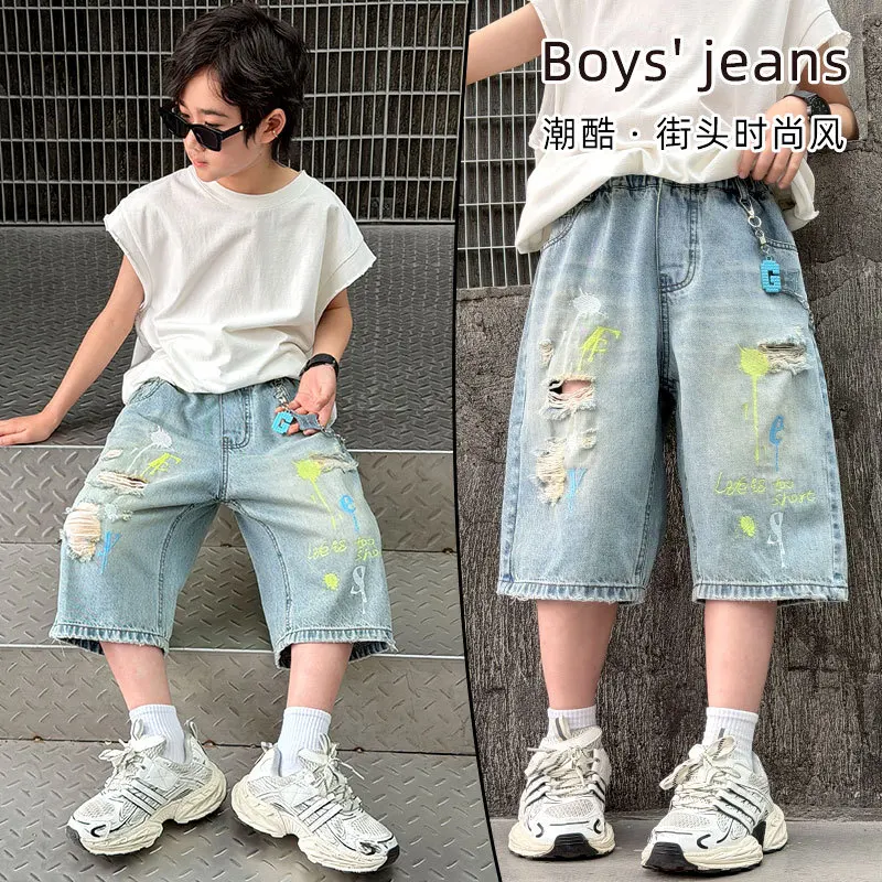 2026 Summer Boys Denim Seven-point Pants,Childen Fashion Ripped Hole Casual Streetwear Jeans for 6-16 Years Old