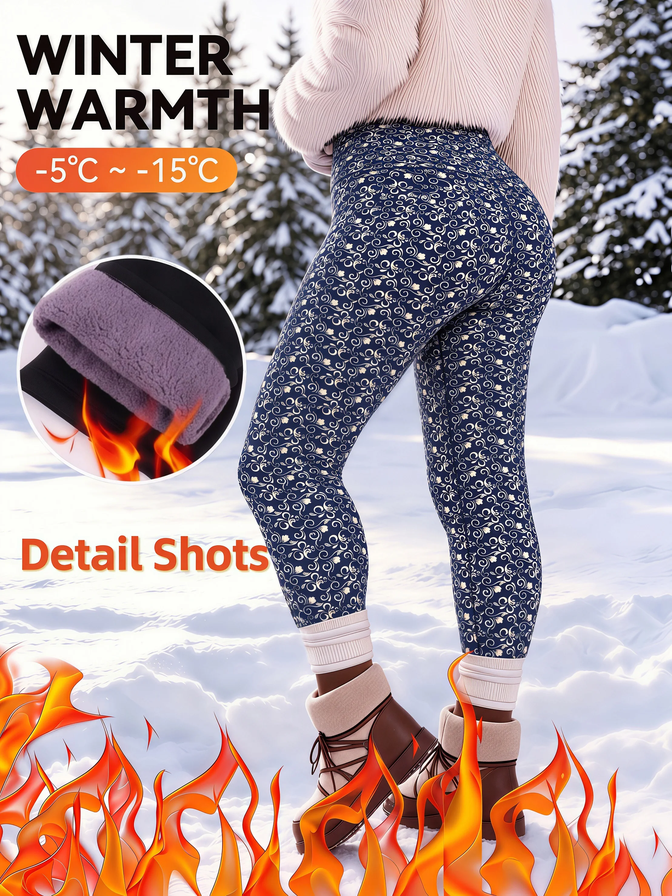 Damen-Leggings im Vintage-Stil mit Blumenmuster, hoher Taille, Fleece-Futter, dickes Korallen-Fleece, wärmend, Thermohose für Herbst und Winter. – Detail 1