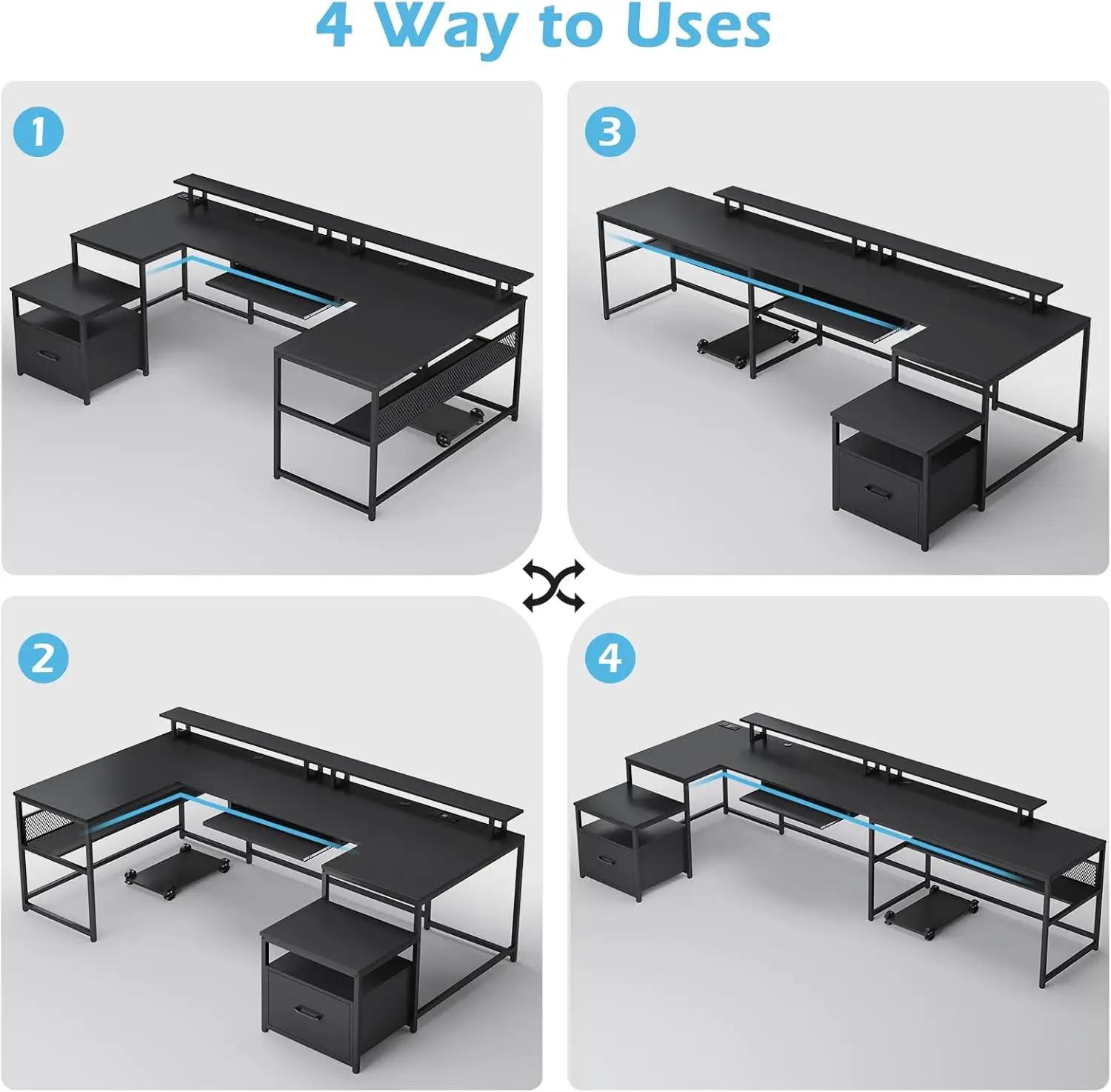 Sedeta U Shaped Desk, Reversible L Shaped Home Office Desk With File Drawer & Power Outlet, 101.5'' Computer Two Person Desk