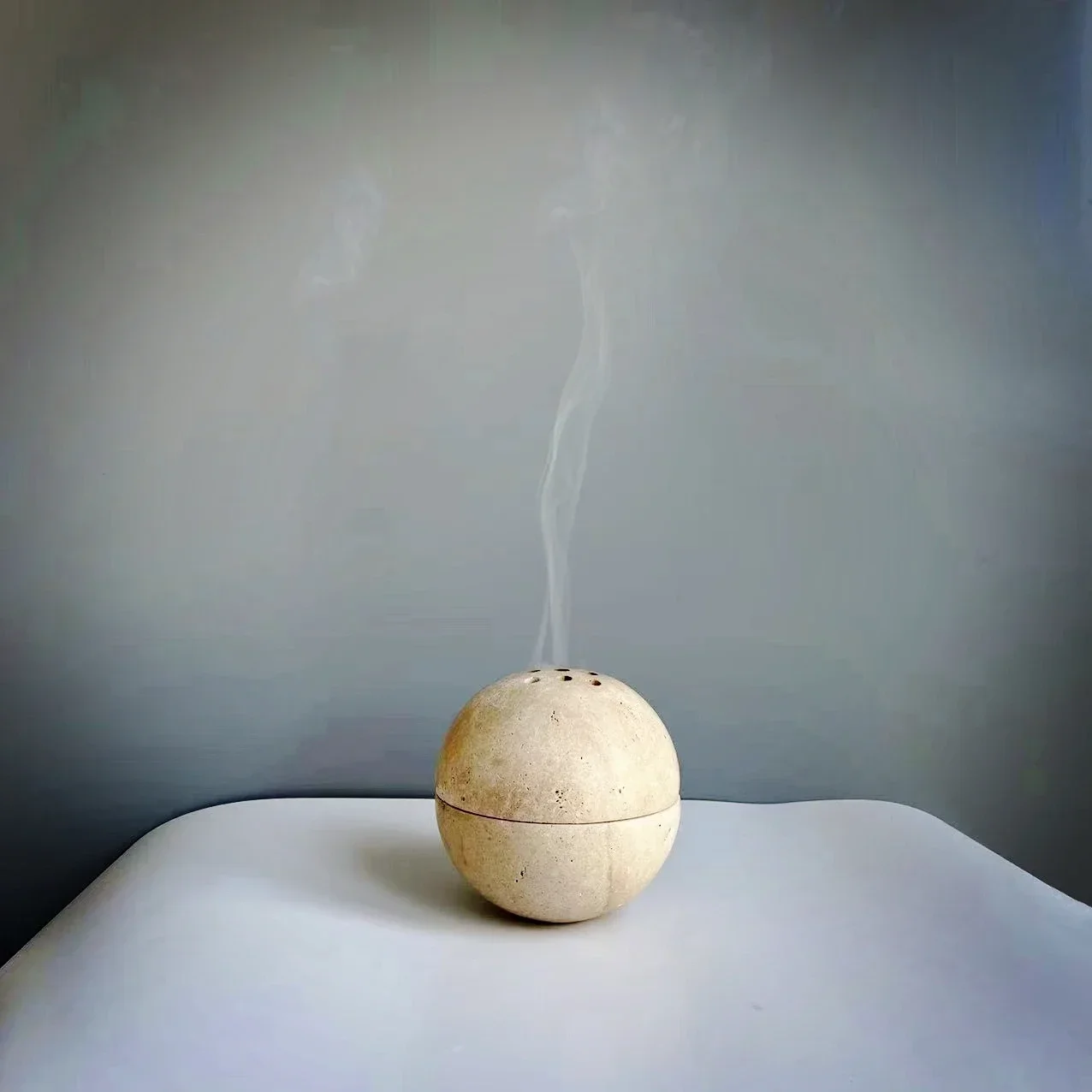 Support Customization Natural Marble Cave Hole Stone Round Incense Burner Beige Travertine Ball for Home Decor Crafts Gifts