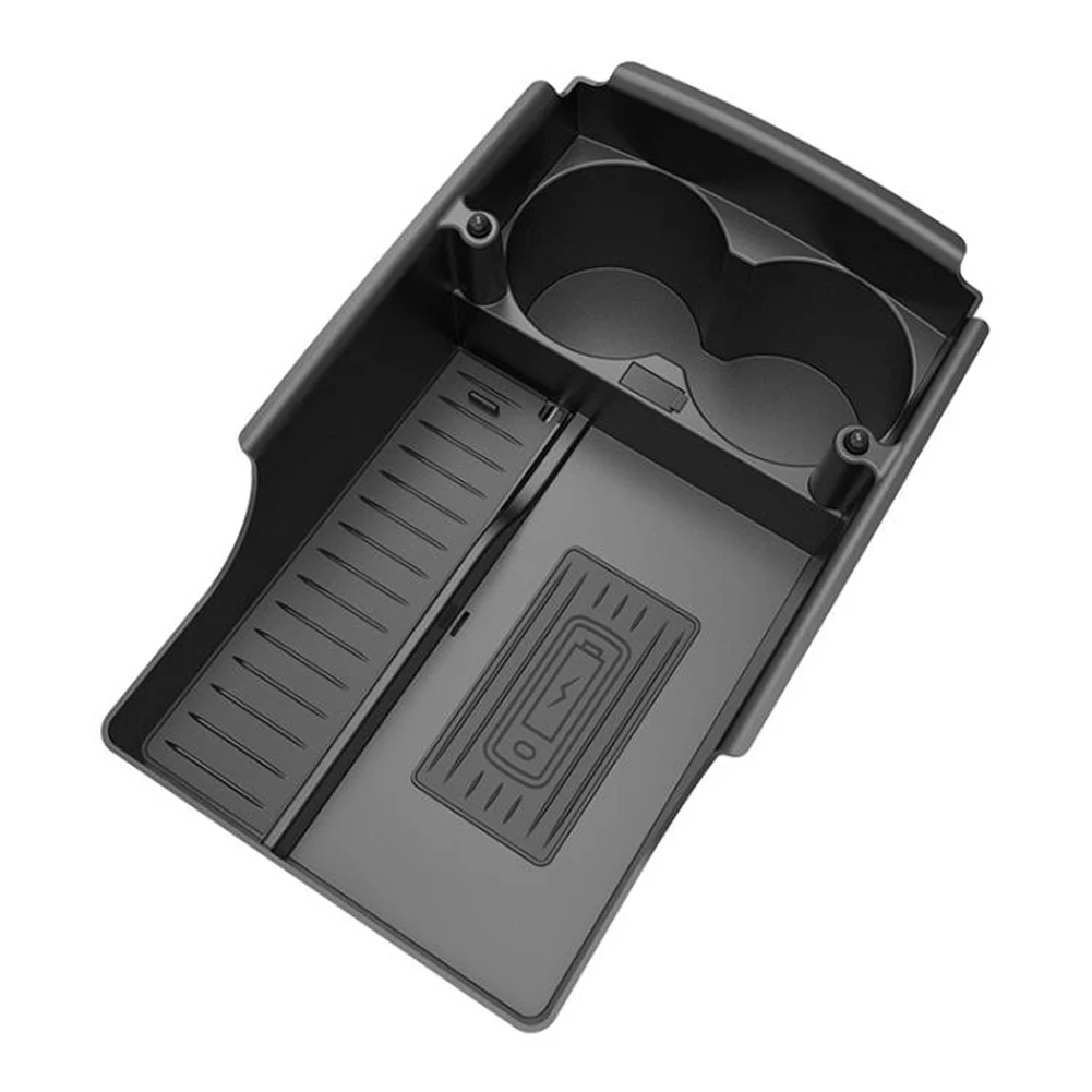 Estación de carga rápida antideslizante, cargador inalámbrico para coche de 10W, caja de almacenamiento para consola central Interior de coche para Tesla Model S X