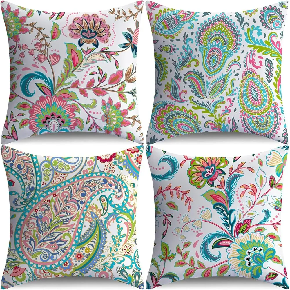 

Outdoor Pillow Covers 18X18 Set Of 4 Waterproof Outdoor Decorative Throw Pillow Covers Paisley Colorful Floral Sofa Couch