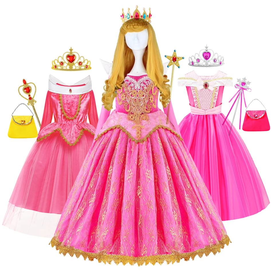 Girls Sleeping Beauty Cosplay Dress Long Sleeve Off Shoulder Kids Christmas Party Princess Clothing Halloween Aurora Costume