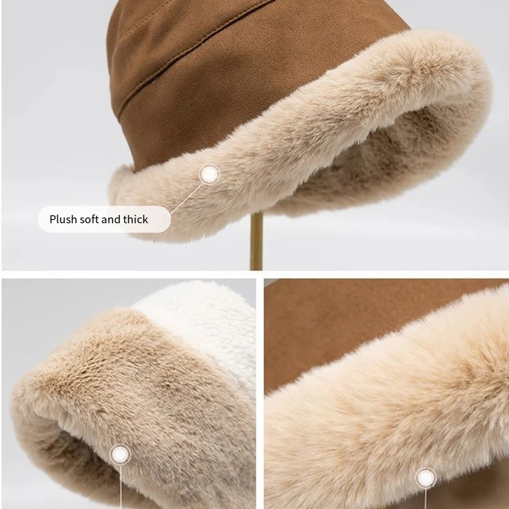 New Faux Fur Bucket Hat Women\'s Fashion Warm Thick Plush Panama Hats wide Brim plus Furry Fisherman Cap for Women Winter Hat