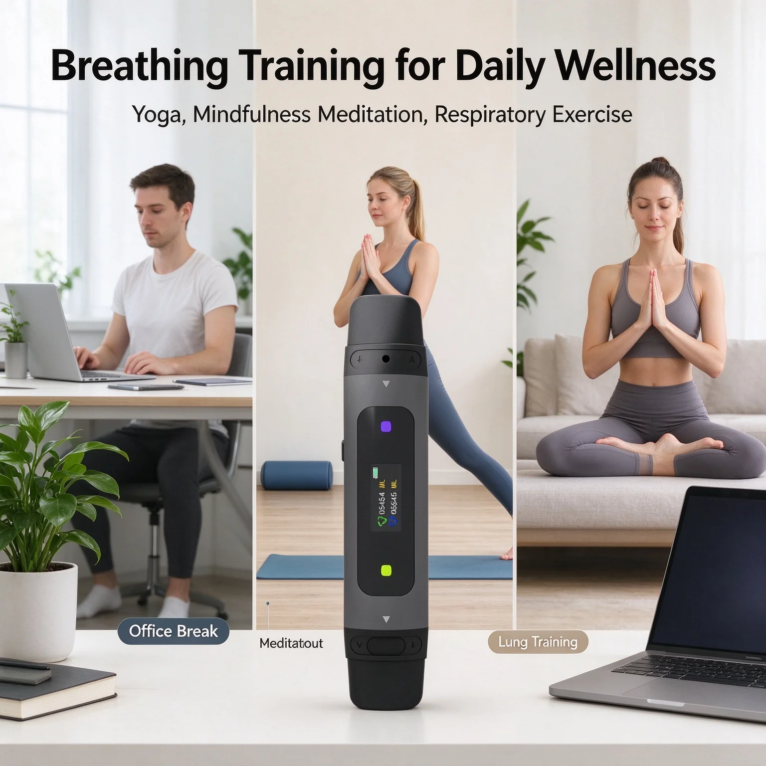 English: Portable Breath Trainer Lung Capacity Tester, Abdominal Breathing Exerciser Device for Yoga, Mindfulness Meditation, Re