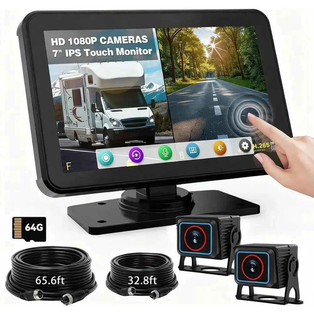RV Backup Camera System - Dual 1080P HD Cameras with 7 inch Touchscreen Display, Wired Kit for Trucks, Trailers, and RVs, Includ