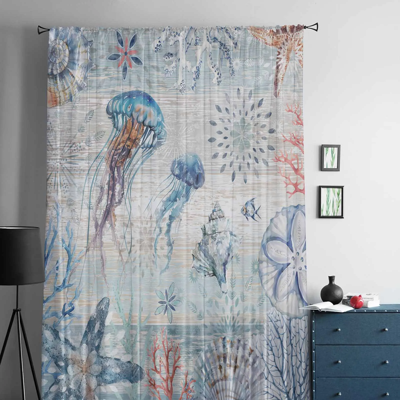 Marine Coral Conch Vintage Blue Wooden Jellyfish Sheer Curtains for Bedroom Living Room Voile Window Curtains Tulle Drapes