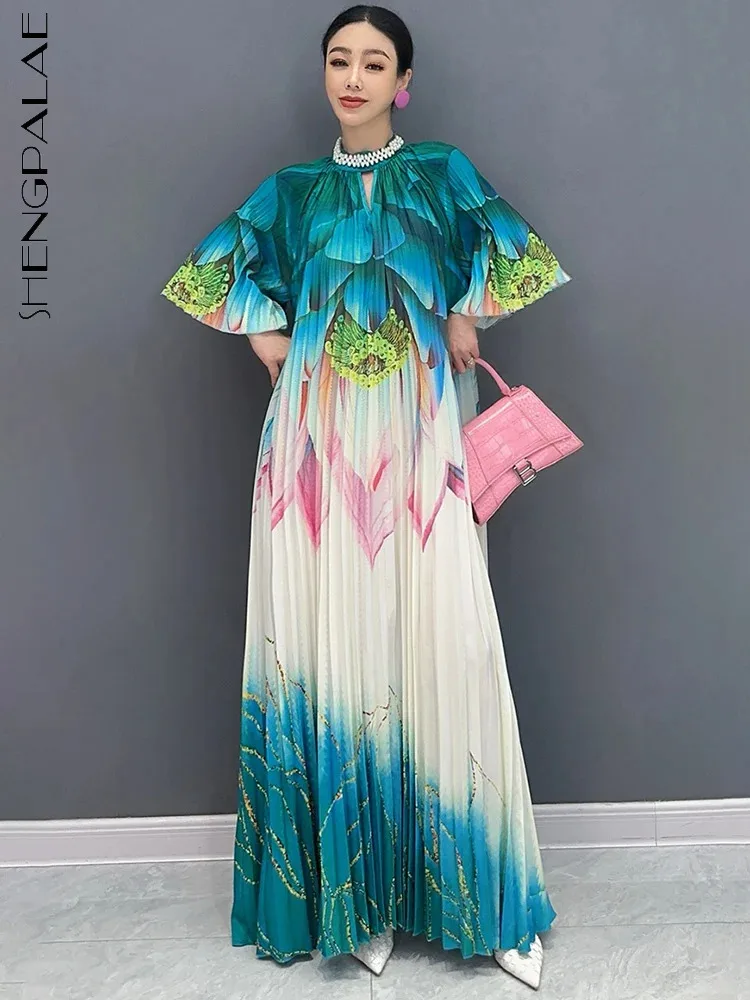 

SHENGPALAE Fashion Versatile Dress With Stand Up Collar 2024 Summer New Print Loose Pleated Elegant Robe Women Dresses 5C7417