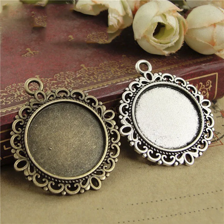10pcs Antique Pendant Charms 20mm Base Settings Cabochon Cameo Tray Bezel Blank Fit 20mm Cabochons Cameo DIY Jewelry Findings