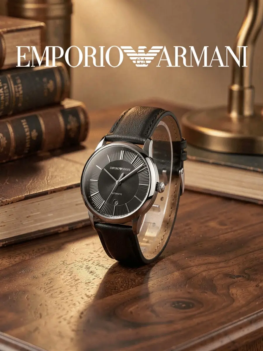 Emporio Armani  Men Automatic Watch, Silver Steel Case, Black Sunray Dial, Leather Strap, 5ATM Waterproof Business Wristwatch