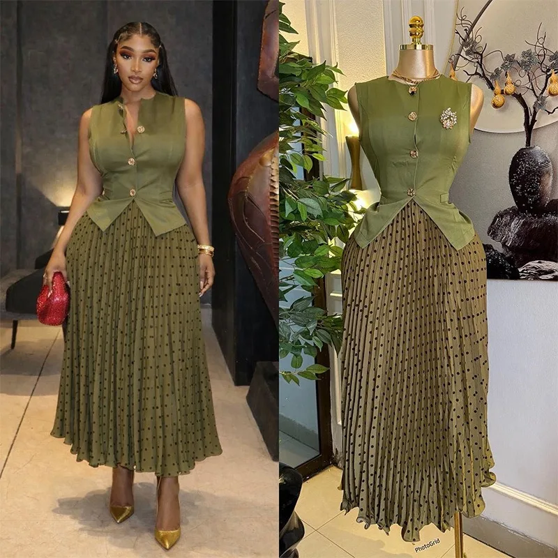 

Elegant 2 Piece Set Women O Neck Sleeveless Single Breasted Vests Top + Polka Dots Print Pleated Maxi Skirts Fashion Casual Suit