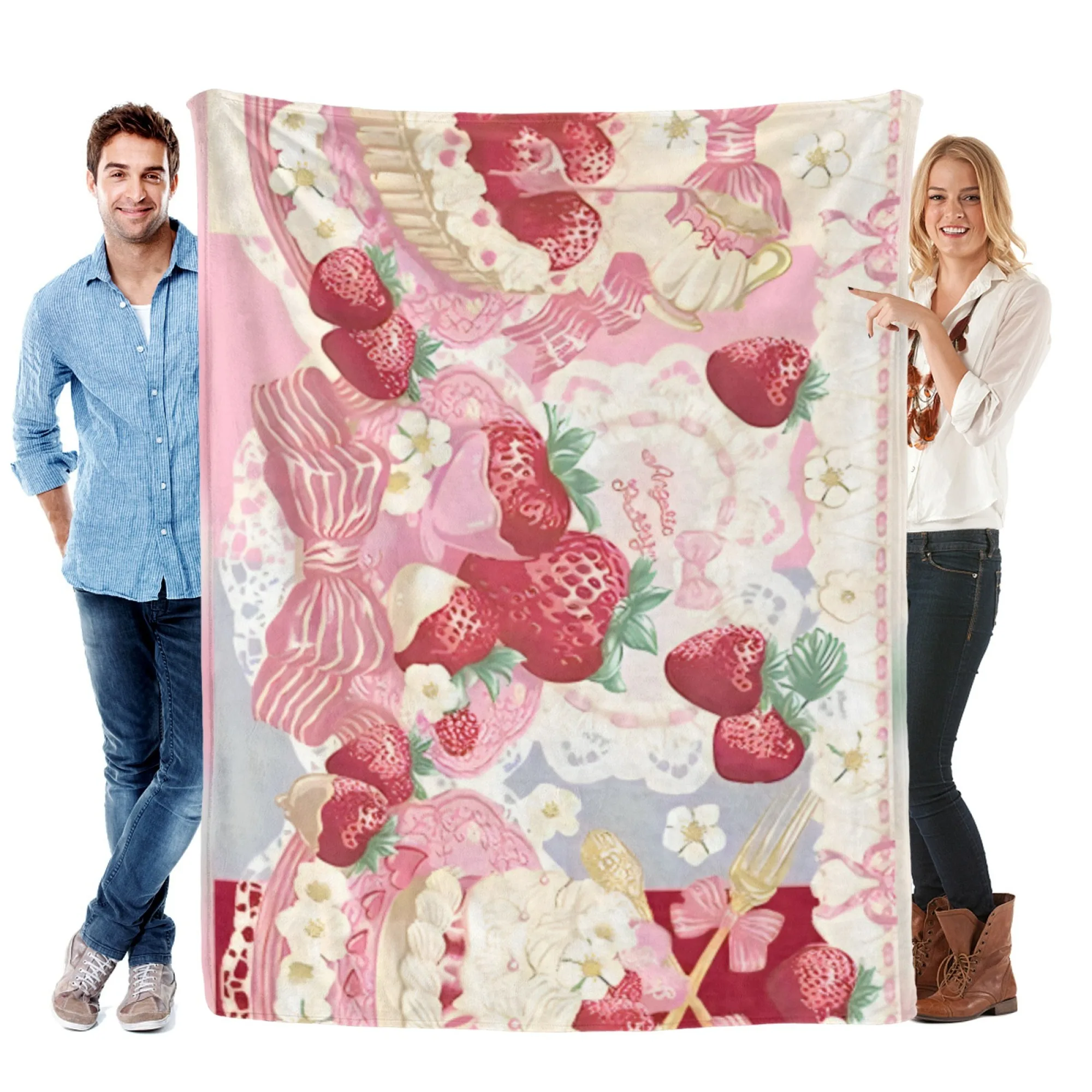 Manta de franela con patrón de postre de fresa, sofá de dormitorio suave y cómodo, adecuada para dar a las personas, el mejor regalo
