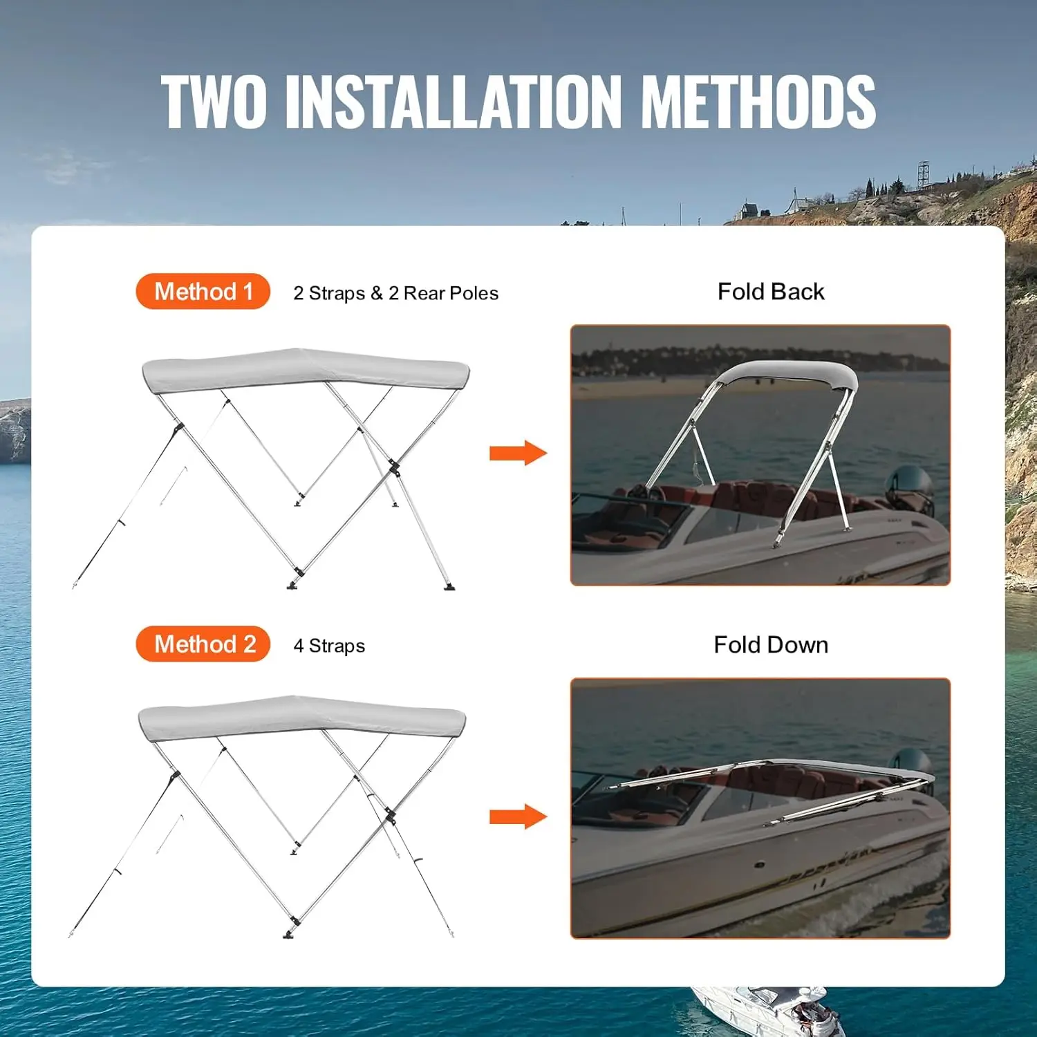 3 tapas Bimini para barco de arco/4 arcos, dosel de poliéster 900D con marco de aleación de aluminio de 1 ", dosel para barco impermeable y parasol