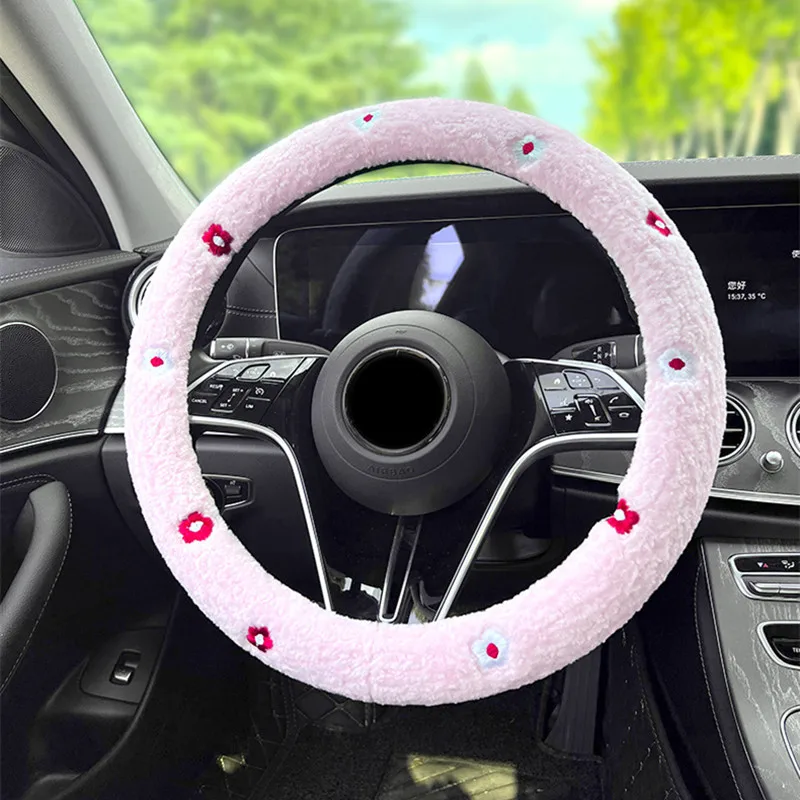 WInter Warm Soft Plush Embroidery Flower Car Interior Accessories 38cm Car Steering Wheel Cover Handble Cover