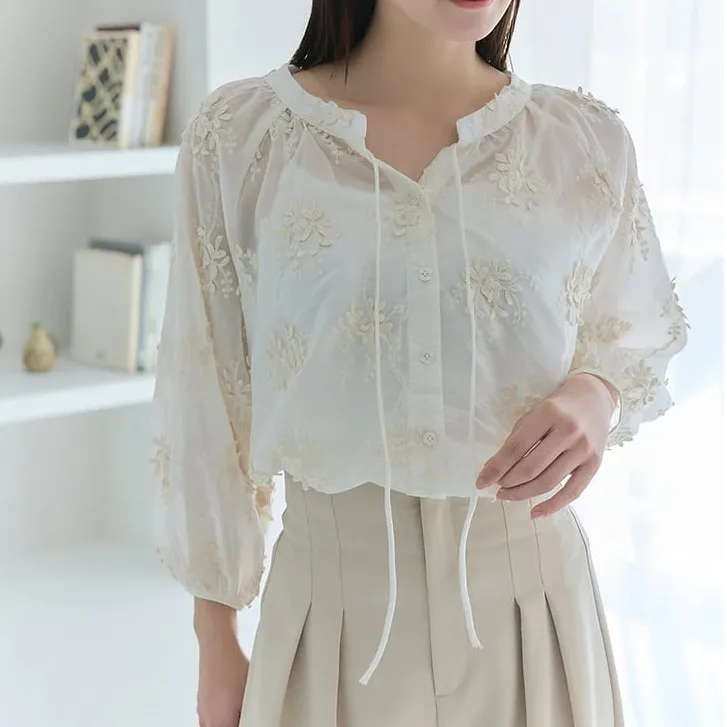 Zoete Japanse Sle geborduurd zwaar werk irt met riem witte top open vest kleine bovenkleding voor dames losse pasvorm Lante...