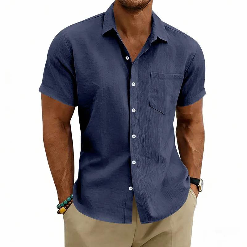 Source factory, men's linen short-sleeved shirt, loose lapel shirt, cross-border wholesale customization