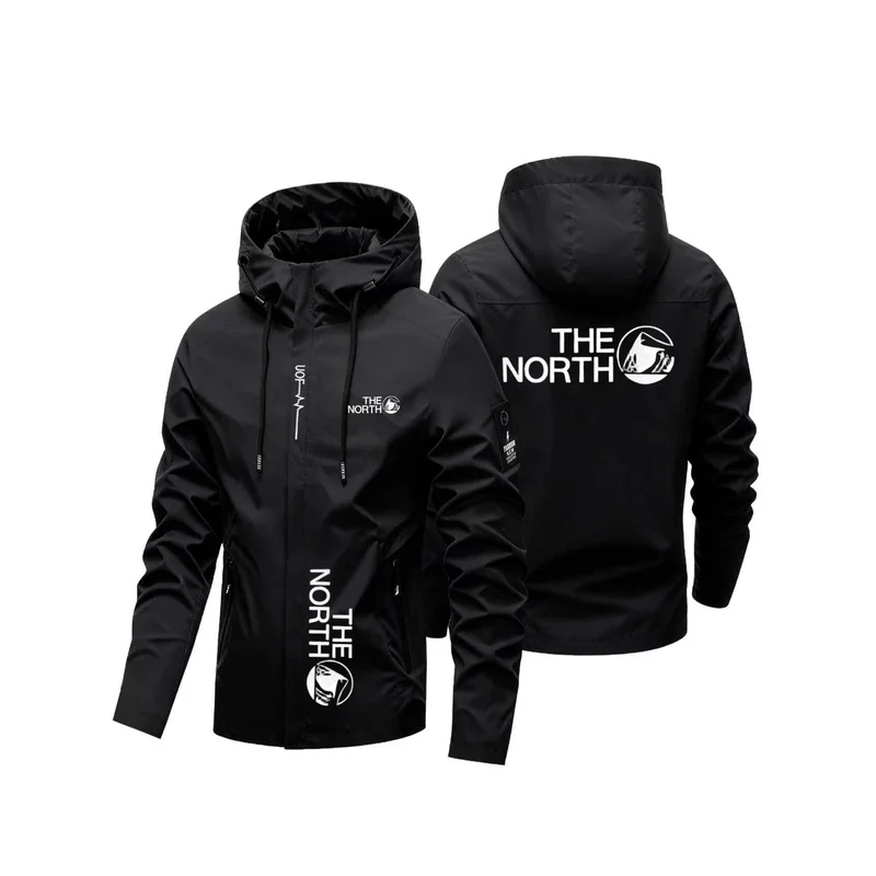 Men Hooded Windproof Jacket Full Zip Lightweight Outdoor Hiking Coat Letter Print Casual Sports Outerwear