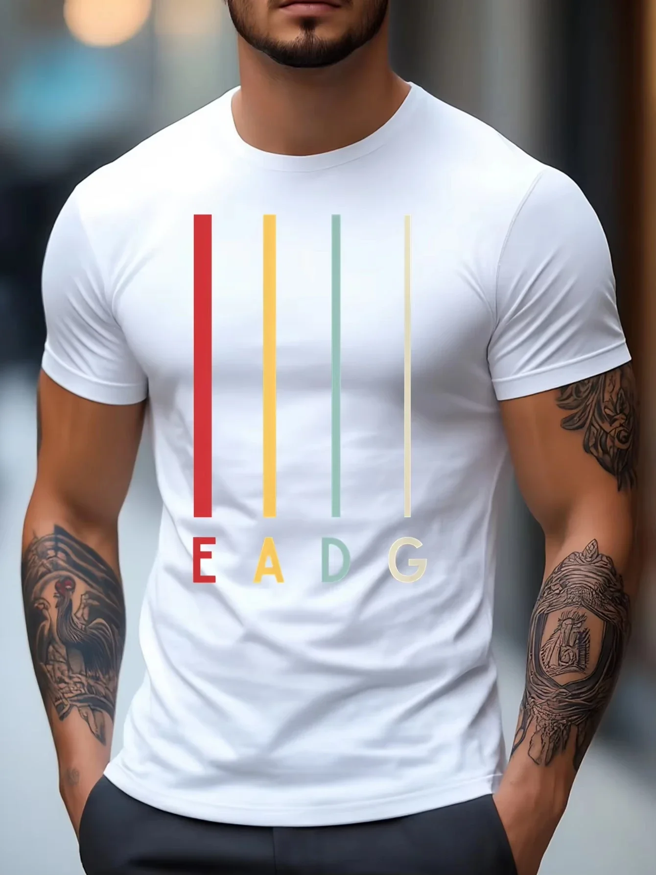 Retro EADG Bass Guitar String Print T Shirt For Men Music Fan Gift Casual Short Sleeve Crew Neck Daily Wear Top