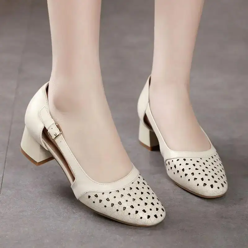 Women's Shoes with Medium Heels Summer 2024 Closed Sandals for Woman Leather Footwear Office Work Square Beige Daily Comfort