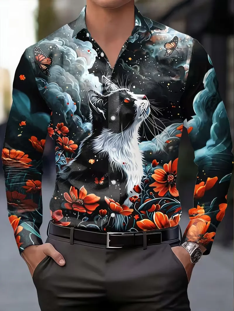 New men's trendy long sleeved shirt with black and white half spliced smoke art print party casual men's top
