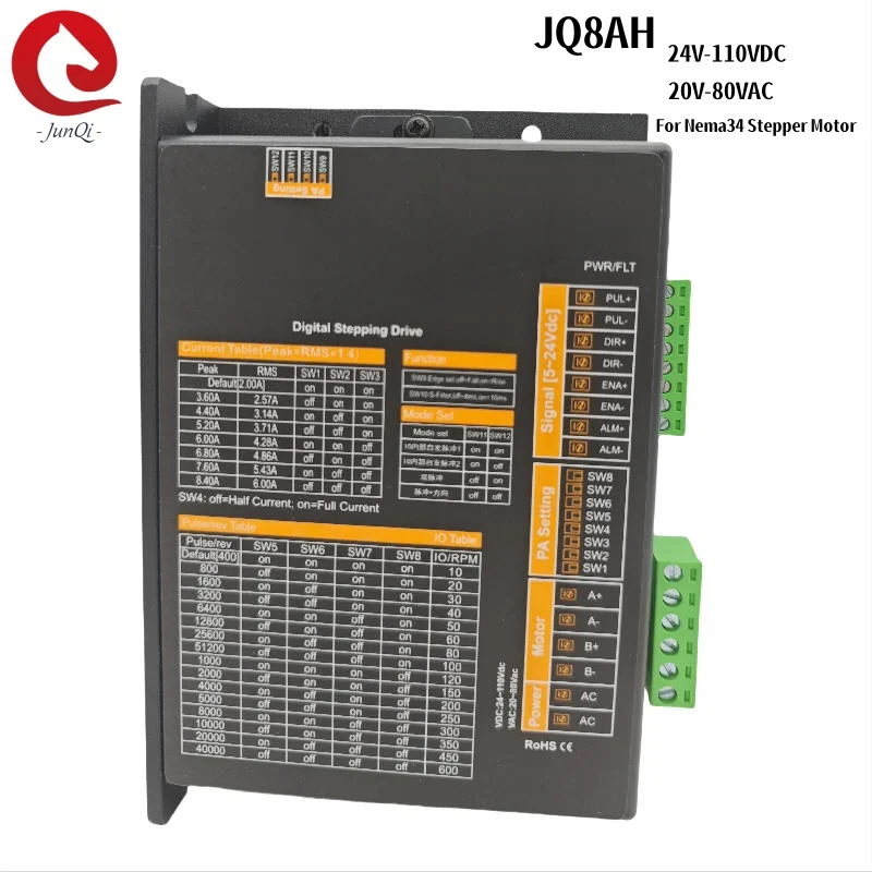 

JQ8AH 20~80VAC/ 24V~110VDC 2-Phase Digital Stepping Drive 2.1-7.2A For Nema34 Stepper Motor