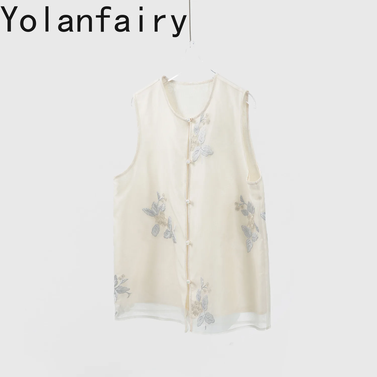 YOLANFAIRY Heavy Embroidery Silk Vest Women 100% Mulberry Silk Organza Top Round Neck Waistcoat Sleeveless Shirts and Blouses