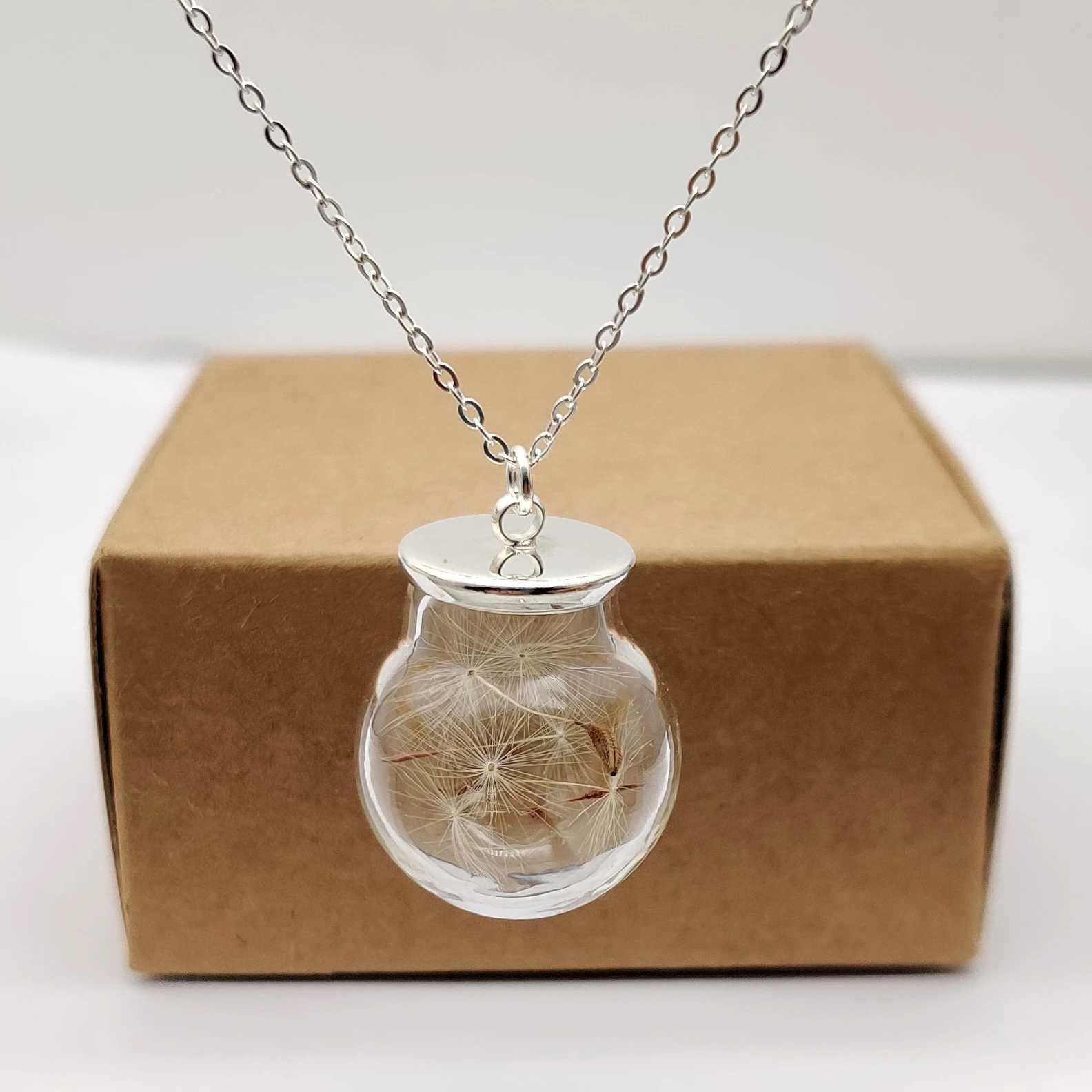 Dandelion Make a Wish Big Glass Ball Pendant Sterling Silver Color Chain Necklace Women Choker Boho Jewelry Bohemian Handmade