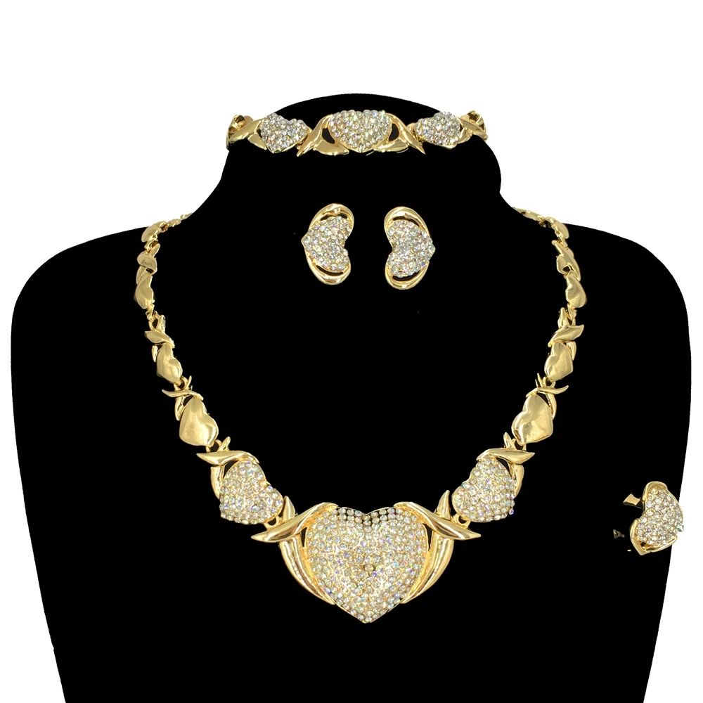 New Fashion Ladies Sample Heart Rhinestone Women XOXO Necklace Earrings Luxury Dubai Gold Plated Jewelry Set FHK16542