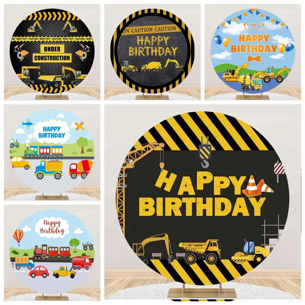 Construction Team Car Round Background Cover Boys Birthday Party Baby Shower Portrait Custom Circle Photography Backgorund Decor