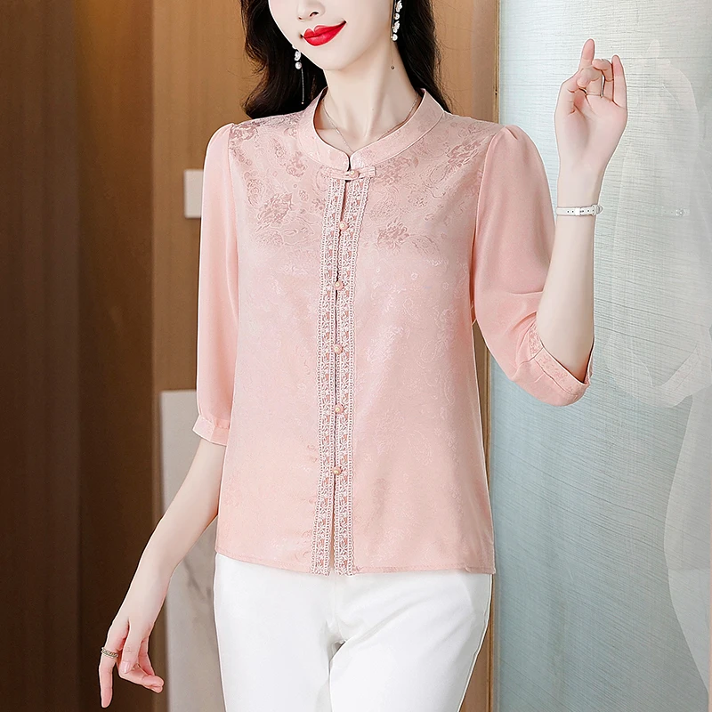 

New Chinese Style Loose Fit Seven Sleeve Women's Shirt Summer 2026 Floral Embroidery Open Cardigan Fashionable Trendy Top