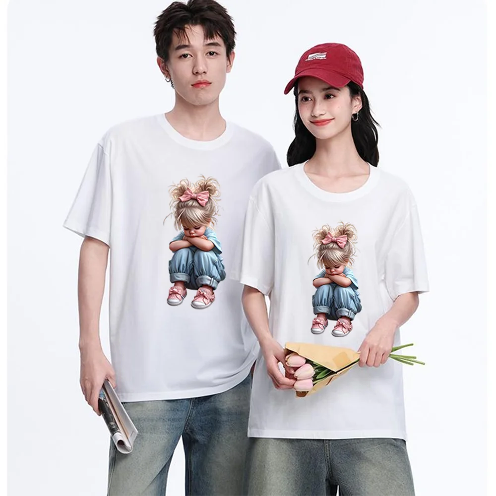 Cute Sleeping Girl With Pink Bow Printed T Shirt Breathable Fabric S-XXL Personalized Custom Aesthetic Graphic Top Unisex Fit Ca