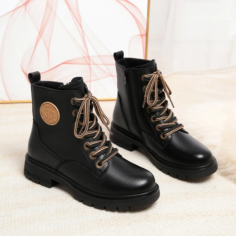 Autumn Winter Non-slip Women Ankle Boots Fashion Lace-up Flat Casual Sewing Black Solid Color Velvet Thick Sole Boots