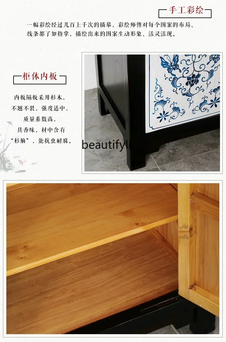 Modern new Chinese blue and white entrance cabinet, white retro hand-painted solid wood decorative dining side cabinet, simple