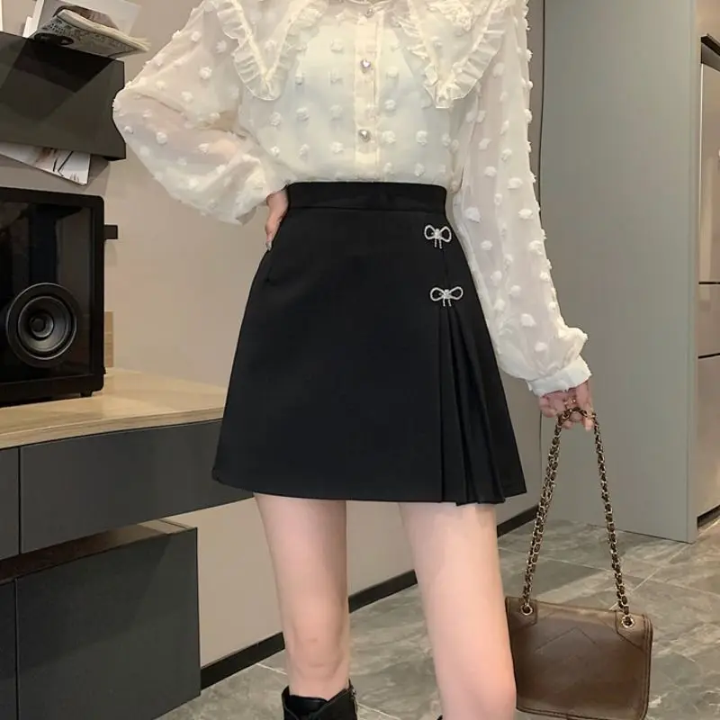 Fashion Black Skirt High Waist Pleated Skirt A- line Skirt With Butterfly Slimming Short Skirt For School Girl Uniform