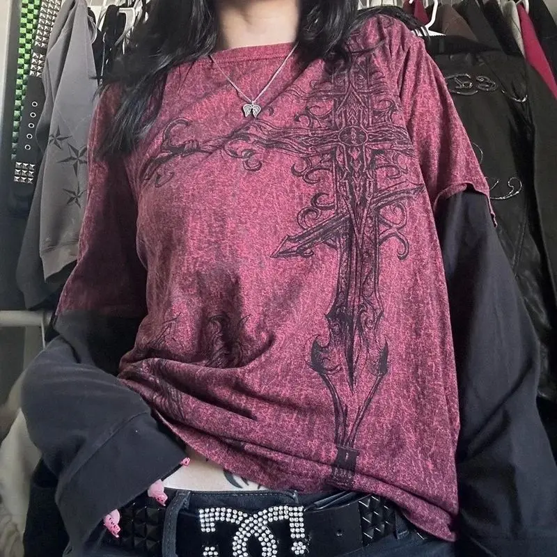 

Y2K Unge Emo Винтажная футболка 2000-х годов Cross Cyber Goth Лоскутная длинная све круглая Ne Casual Sle Весна Лето Faion Ladies...
