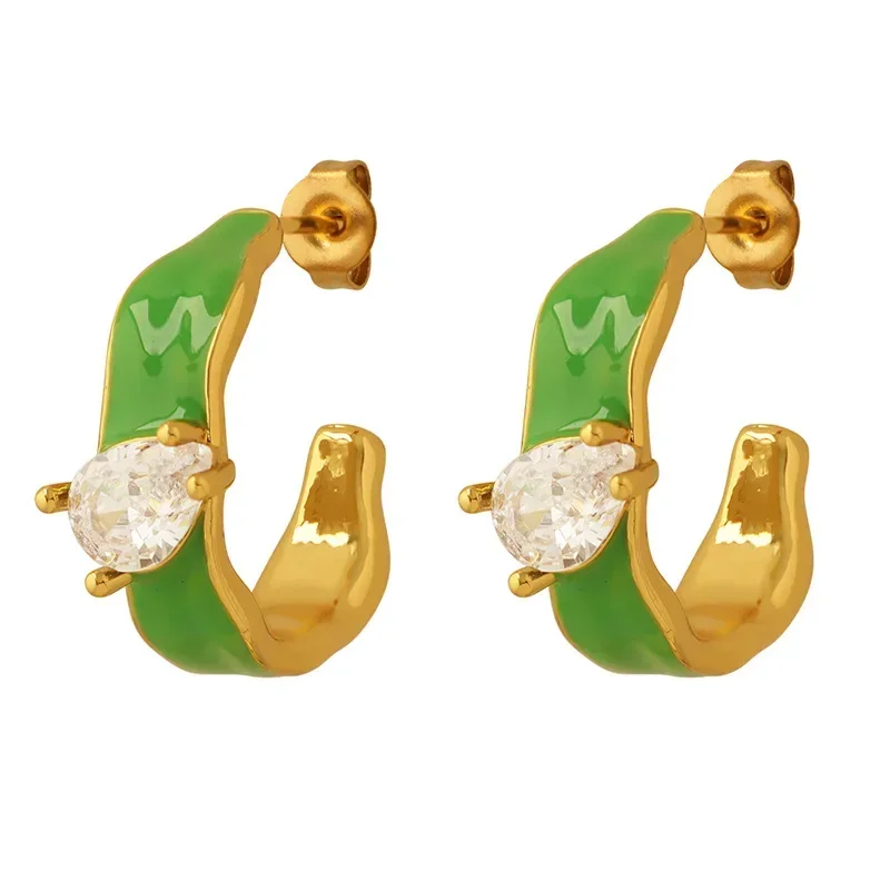 

Gift for Women Enamel Drop Earrings Oil Inlaid Zircon High-End Brass Material Geometric Bright Green Eardrop