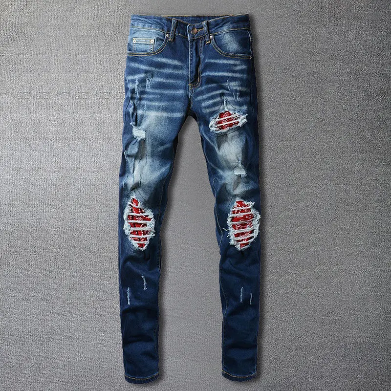 

Fall Retro Contrast Color Stitching Ripped Hole Design Stretchy Jean Hip Hop Style Trouser For Men Pantalon Vaquero Hombre