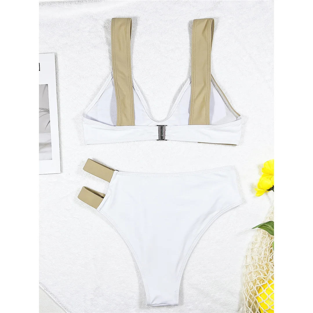 Sexy, asymmetrischer Bikini mit V-Ausschnitt, Damen-Badeanzug, zweiteiliges Bikini-Set, Badebekleidung, Damen-Badeanzug, V3435. – Detail 9