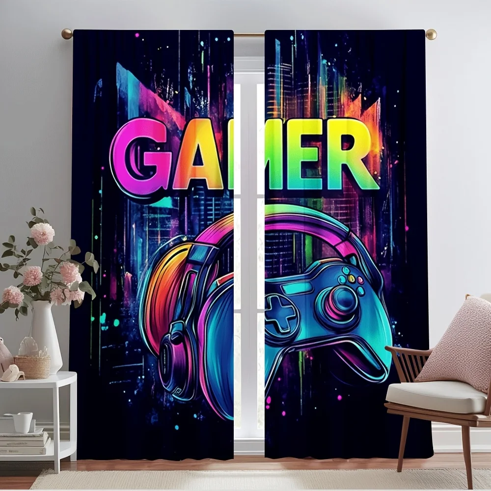 2 Panels Gamer Spectrum Neon Print Curtains Headphones & Controller Design for Bedroom Gaming Room Decor Holiday Decoration