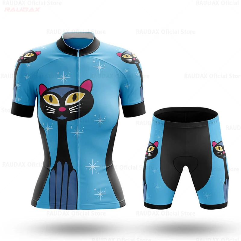 Cartoon Cat Women Cycling Jersey Set 2023 Funny Summer Bicycle Cycling Clothing Short Sleeves Bike Clothes Maillot Ropa Ciclismo