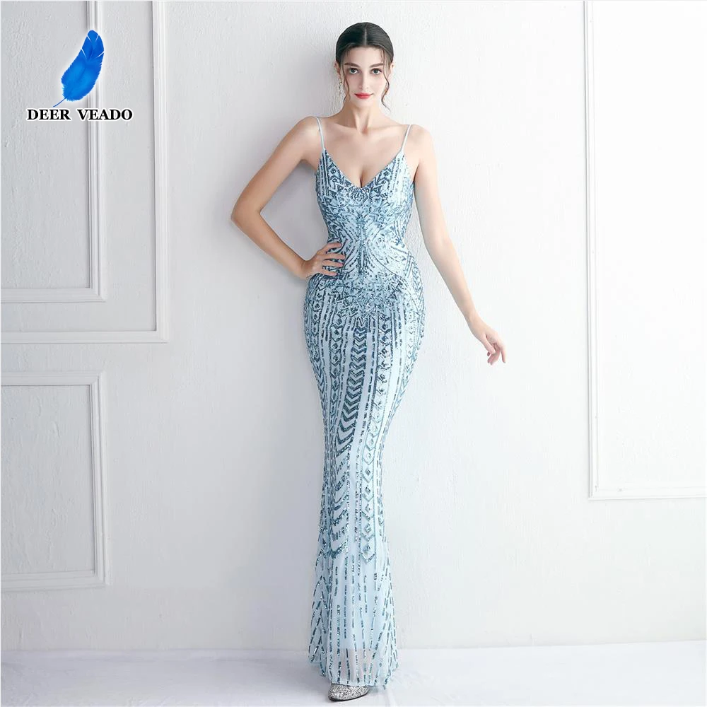 DEERVEADO 10 Colors Mermaid V Neck Sequins Evening Party Dresses for Woman Sexy Strap Wedding Party Dress Special Occasion Dress