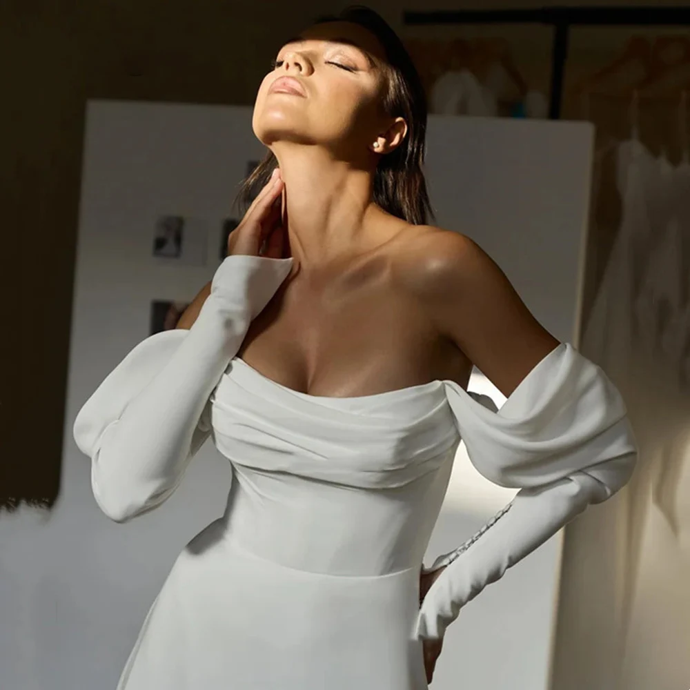 فستان زفاف بمزاج بسيط على شكل حرف a بكتف بارد وأكمام طويلة بدون ظهر لحفلات الزفاف والسفر والعطلات على الشاطئ