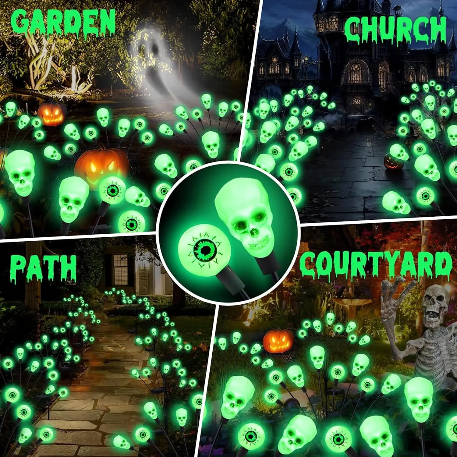 Halloween Mood Outdoor Solar Light,Green 8-head Skull Eyeball Swaying Light,Waterproof Light for Countyard/Path/Party Decoration