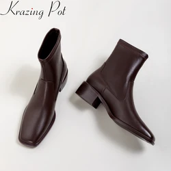 Krazing Pot 2025 Genuine Leather Square Toe Slip on High Heels Chelsea Boots Office Lady Casual Warm Winter Stretch Ankle Boots