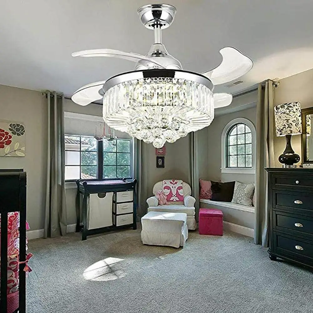 

36 Inch Sliver LED Invisible Ceiling Fan with LED Light Crystal Chandelier Lamp w/ Remote Control Creative Chandelier Fan Light