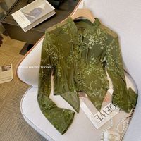 Modern Chinese Style Green Printing Shirt Women's Clothing Spring Autumn Irregular Shirts Mesh Velvet Shirts Flared Sleeves Tops