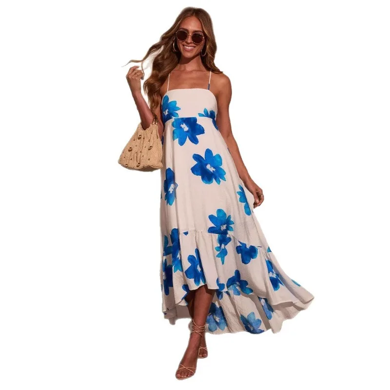 Damska letnia dwukolorowa sukienka na ramiączkach Boho Maxi z kwiatowym nadrukiem i wiązaniem Seksowna suknia wieczorowa na wakacje na plaży