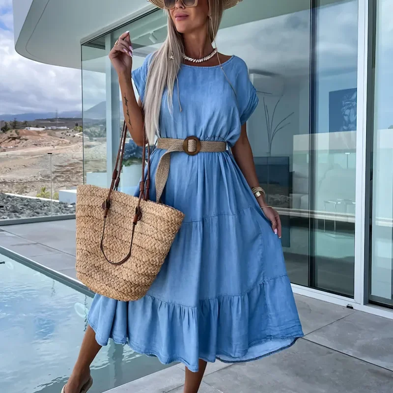 Factory Outlet Casual Plain V Neck Short Sleeve Denim Maxi Dress Factory Seller Summer Loose Sexy Holiday Vestidos Para Mujer