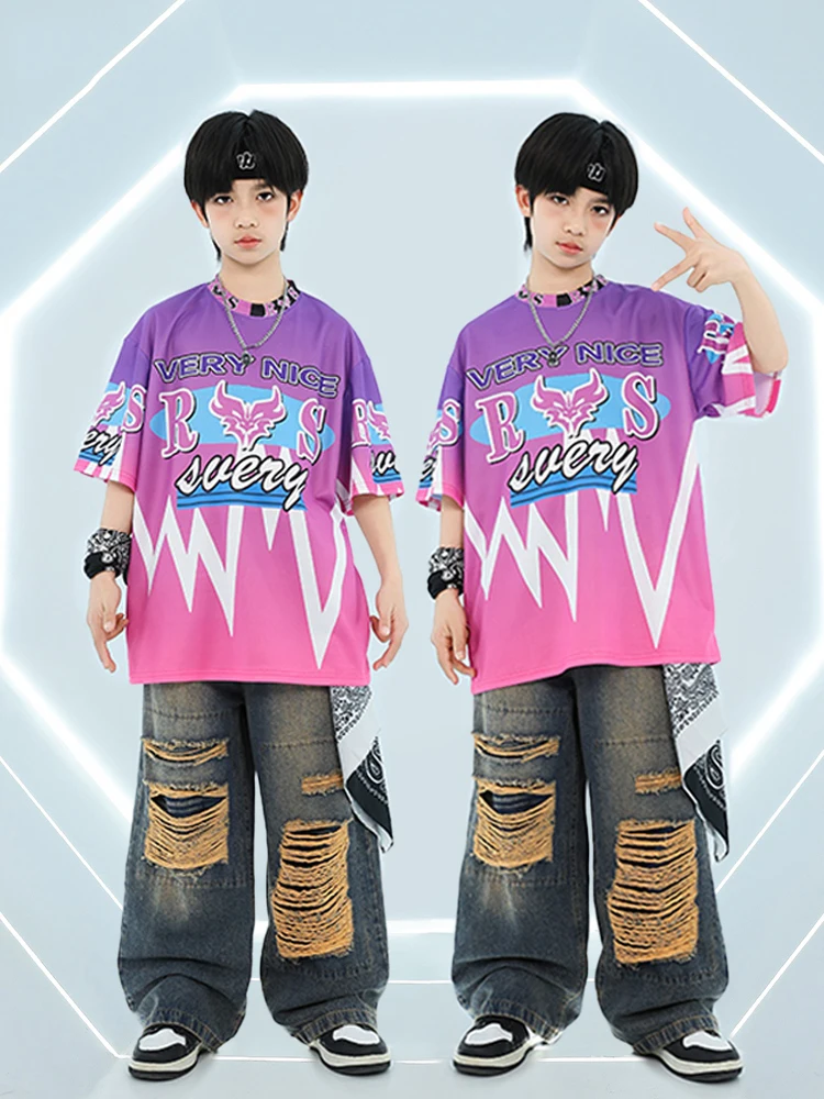 

Children Costumes Print Short Sleeve Tops Ripped Jeans For Boys Street Dance Hip Hop Kids Jazz Dance Performance Wear DN20198